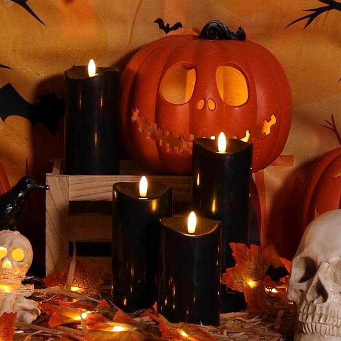 NURADA Outdoor Flameless Candles with Remote Timer - Waterproof Realistic Flickering LED Pillar Electric Battery Operated Fake Candle for Home Halloween Holiday Party Decor - 2 Pack Black(D3”H6”6”)