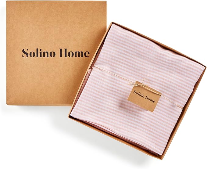 Solino Home Linen Striped Tablecloth 60 x 120 Inch - 100% Pure Linen Peach and White Table Cloth for Rectangle Tables - Narrow Stripe, Machine Washable Tablecloth