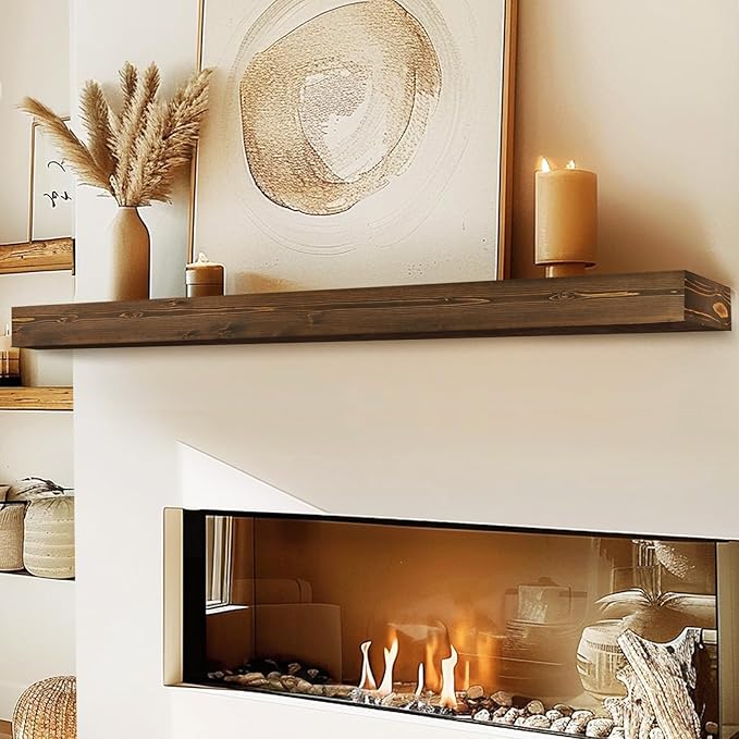 72x8x3 Fireplace Mantel - Handcrafted Hollow Rustic Solid Wood Wall Mounted Floating Shelf with Invisible Heavy Duty Wood Bracket (Weathered Brown)