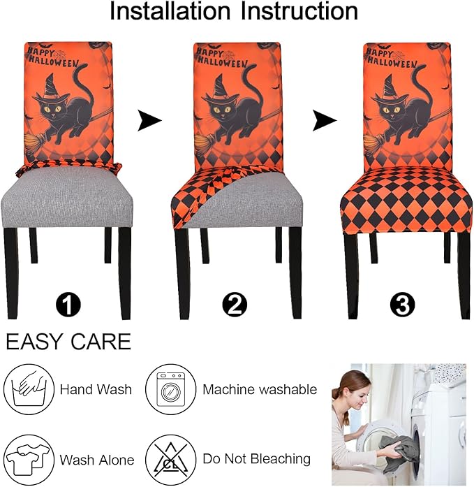 JQinHome Orange Halloween Chair Slipcover,Cat Chair Covers Set of 6, High Stretch Washable Chair Protector Cover for Dining Room, Kitchen,Home Party,Wedding Ceremony(Cat Orange,6PC)