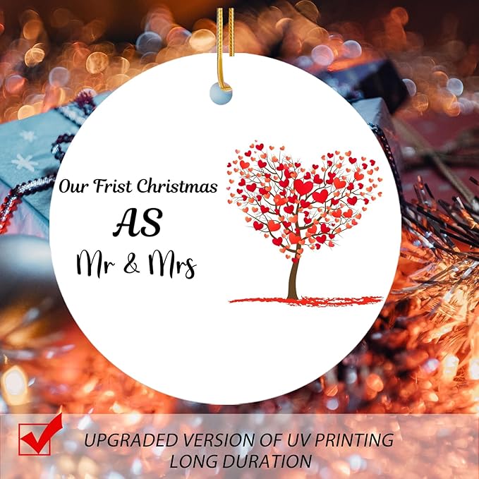 2024 First Christmas Married Ornament, Just Married Mr and Mrs Ceramic Ornament, 2.9 Round Newlywed Wedding Decoration for Couples