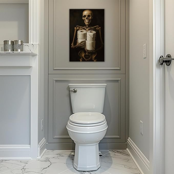 Gothic Skull Wall Art Funny Skeleton with Toilet Paper Canvas Print Vintage Skull Painting Framed Artwork for Living Room Home Halloween Wall Decor(Artwork-8,12"x18")