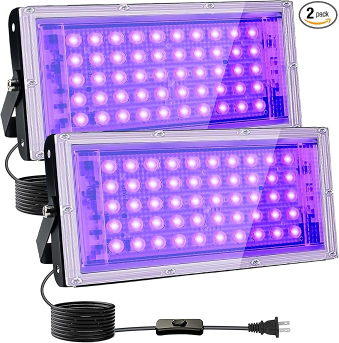 2 Pack 50W Black Lights, Blacklight Flood Light with Plug and Switch,for Glow Party, Halloween, Fluorescent Poster, Body Paint
