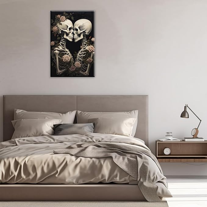 OAAPITI Vintage Skeleton Canvas Wall Art Gothic Painting Artwork Retro Rose Skull Art Poster Abstract Romantic Theme Picture Halloween Living Room Decor(Artwork-4,24"x36")