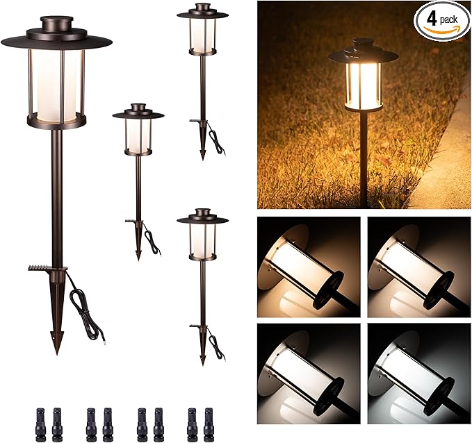 Low Voltage Landscape Path Light, Warm & Cool White Selectable Pathway Lights Wired, 12v Walkway Lamp IP65 Waterproof, LED Oil-Rubbed-Bronze Aluminum 150LM for Outside Patio Yard (4 Pack)