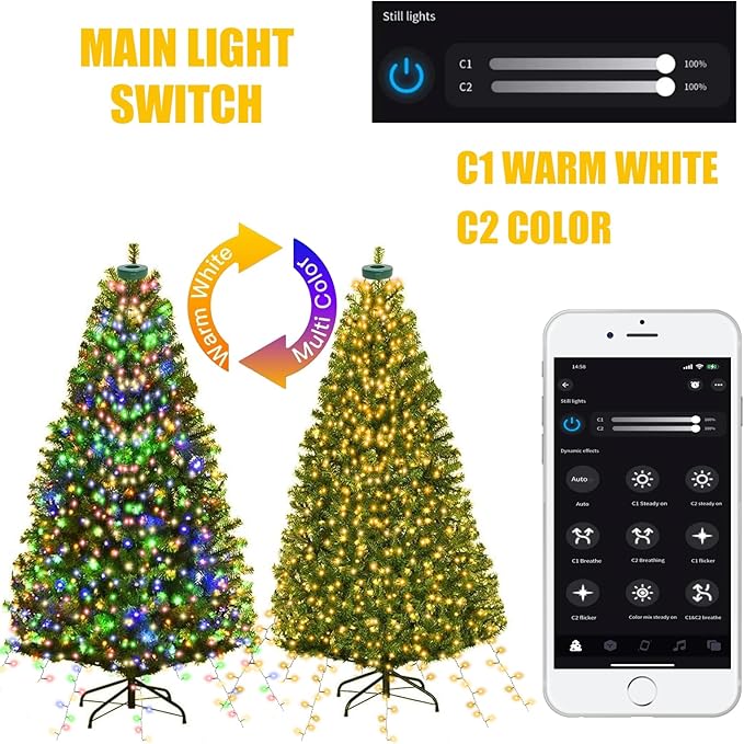 Smart Christmas Tree Lights with Ring, APP Control Music Sync 6.56Ft x 16 Lines String 400 LED Indoor Outdoor with DIY scenarios 17 Modes Multicolor Timing for Christmas Tree Decorations