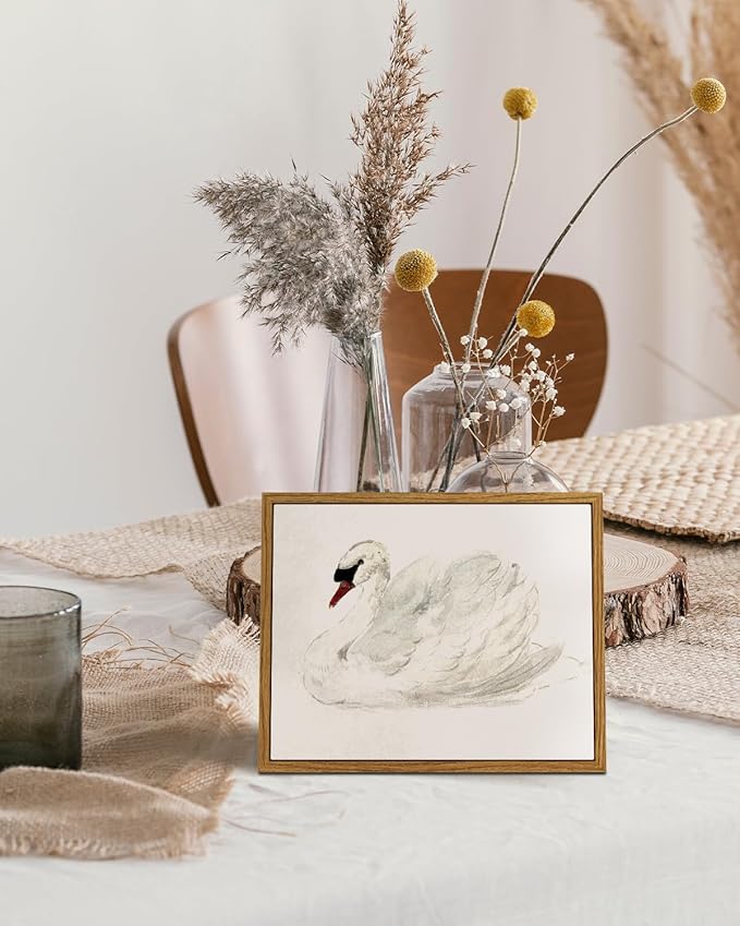 VIYYIEA Framed Canvas Wall Art, White Swan Wall Art for Living Room, Vintage Animal Oil Painting Picture, Aesthetic Home Decor, Bathroom Wall Decor -【Swan】-(10L x 8W)