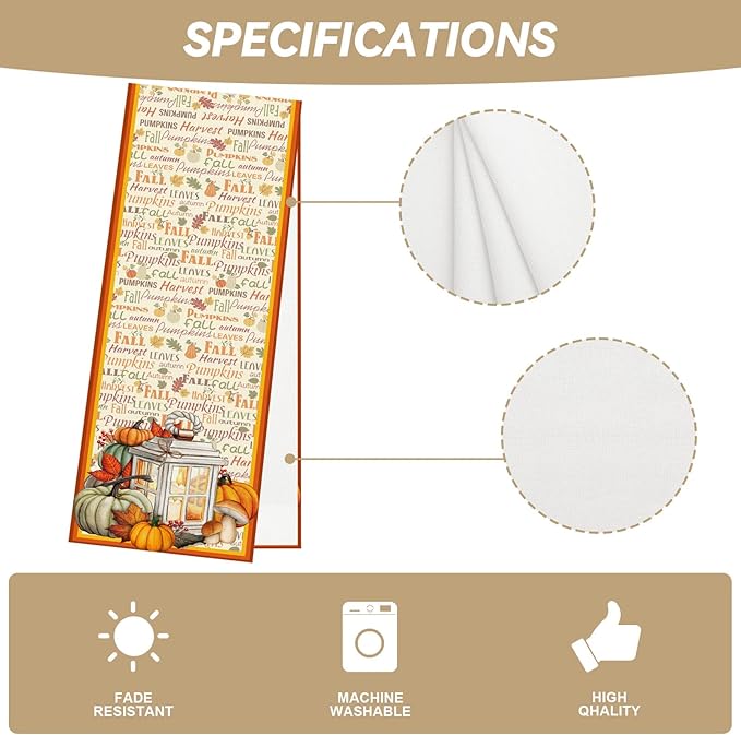 Linen Fall Table Runner - 120 Inch Farmhouse Leaves Pumpkin Table Decor - Autumn Thanksgiving Home Kitchen Dining Room Decorations