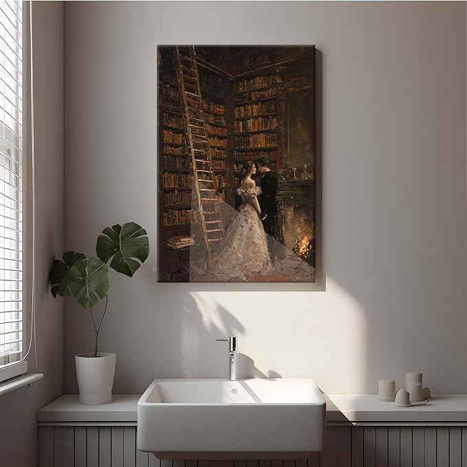 Gothic retro library scene decoration melancholy calm art college style wall aesthetic antique style home decoration suitable for bedroom living room16x24in Wood Framed