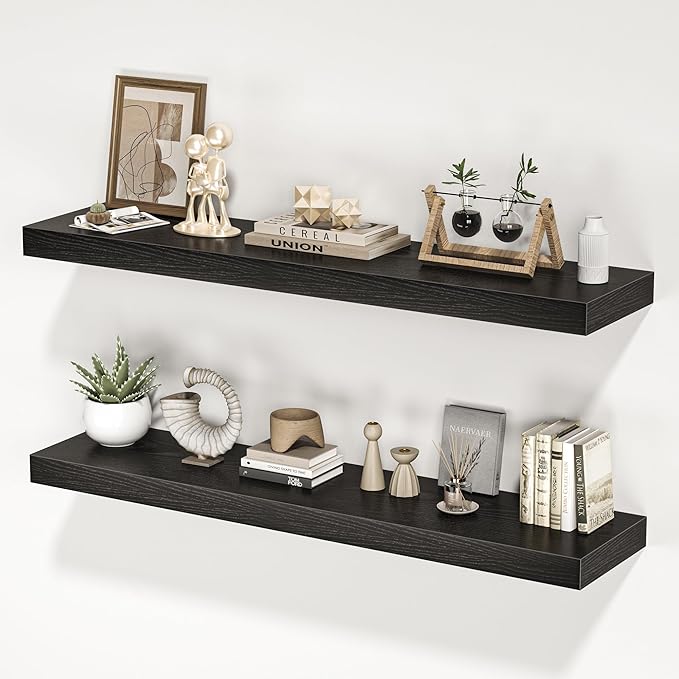 Floating Shelves for Wall, 40" W x 8" D x 1.5" H, Wooden Wall Mounted Display Shelves with Invisible Brackets for Living Room, Bedroom, Bathroom, Kitchen Decor and Storage, Set of 2, Black