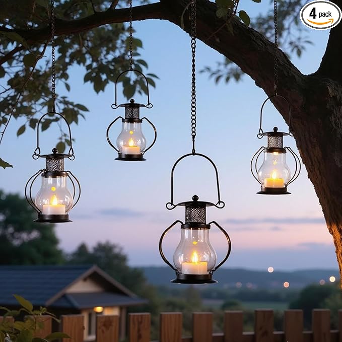 Solar Hanging Lanterns Outdoor Waterproof, Vintage Mini Metal Lantern with Flickering Solar Powered Tea Lights, Perfect Chargeable Solar Lights for Backyard Patio Garden Fence Tree Decoration-4Pack
