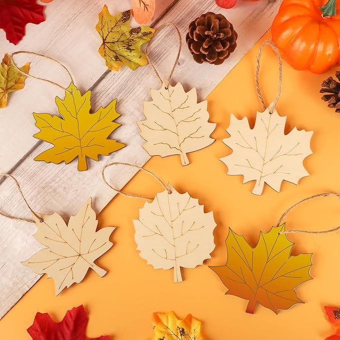 24 PCS Unfinished Wooden Fall Crafts, Maple Leaves Shaped Hanging Ornaments DIY Wood Craft Cutouts for Fall Home Decor (Leaves)