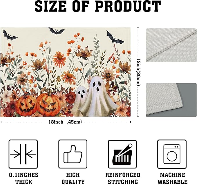 Halloween Placemats Set of 4 Vintage Wildflower Pumpkin Ghost Bat Place Mats 12x18 Inch Rustic Retro Spooky Washable Table Mats for Party Kitchen Dining Decoration
