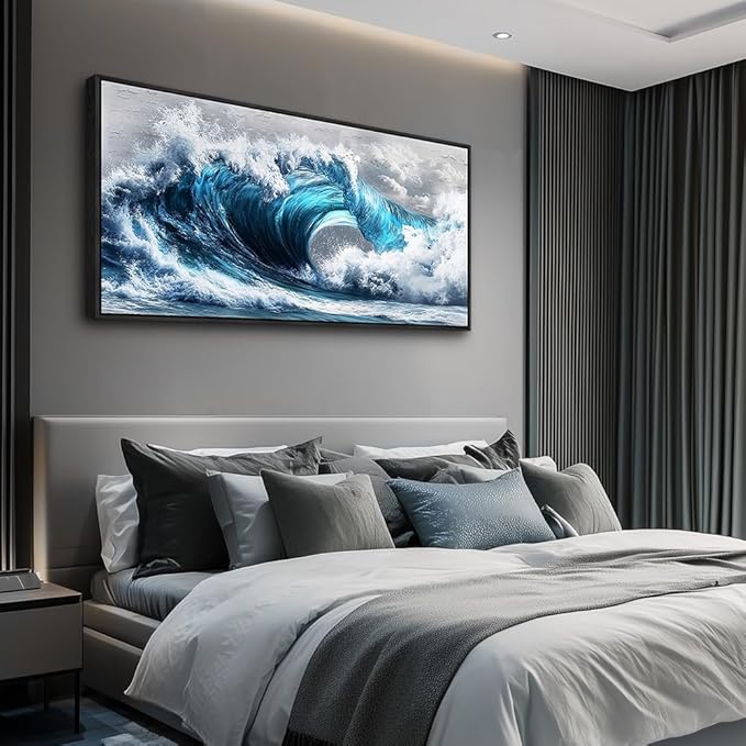 PHAOHUAXM Large Canvas Wall Art For Living Room Wall Decor For Bedroom Ocean Inspiration Wall Pictures Office Mural Decorations Posters Blue Wave Paintings Modern Home Decor Black Framed 24x48 In