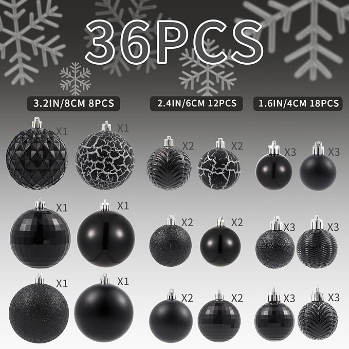 LANGXUN 36pcs Black Christmas Tree Decorations Balls, Bolas De Navidad, 2025 Christmas Decor, Indoor Outdoor Shatterproof Christmas Ornaments, Xmars Party Wedding Suppiles