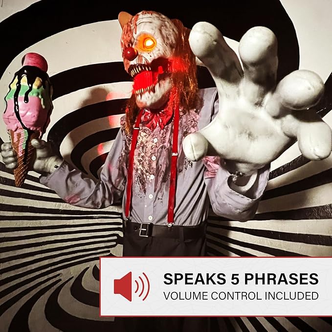 Haunted Hill Farm 6.5-Ft Animatronic I Scream Clown by Tekky, Halloween Animatronic, Creepy Party Decor, Indoor & Covered Outdoor Spooky Party Decoration Motion-Activated Lights & Sound, LifeSize