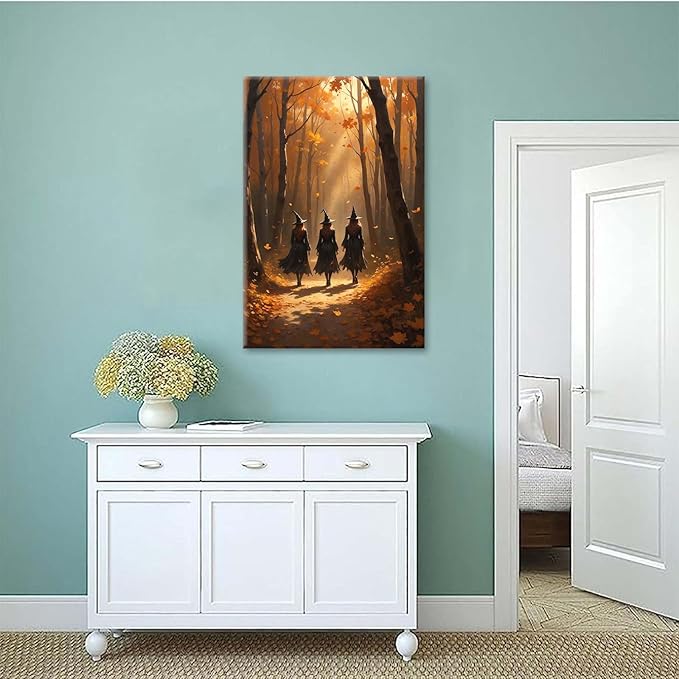 Three witches walking in the forest in autumn canvas painting gothic poster halloween print country witch wall art for home decoration24x36in Wood Framed