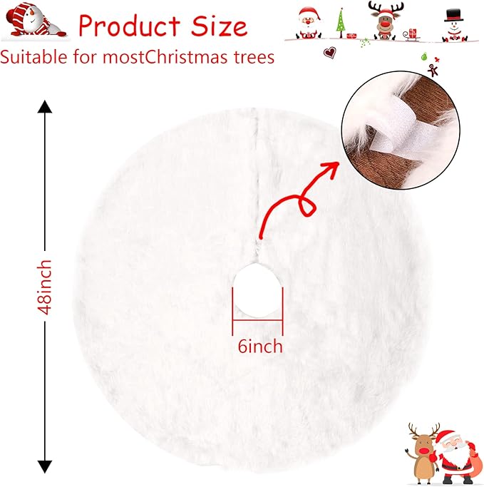 48 Inch Faux Fur Christmas Tree Skirt with Lights Soft Snow White Plush Tree Mat Christmas Decorations Fluffy Tree Skirts Xmas Holiday Party Indoor Decorations