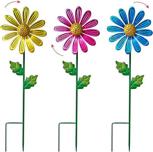 WAIU Metal Daisy Garden Stakes, Wind Catcher Spinner Garden Stakes, Garden Windmill Stakes Outdoor Wind Catchers, Yard Decor Stakes, Set of 3…