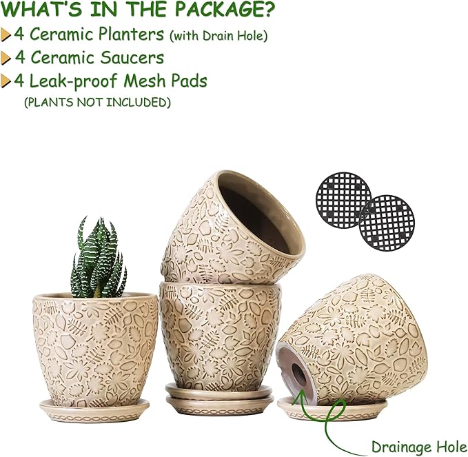 4 Inch Mini Plant Pots, Ceramic Succulent Planter with Drainage Hole and Saucers for Indoor Plants, Small Garden Pots for Succulent, Herb and Flower, Set of 4