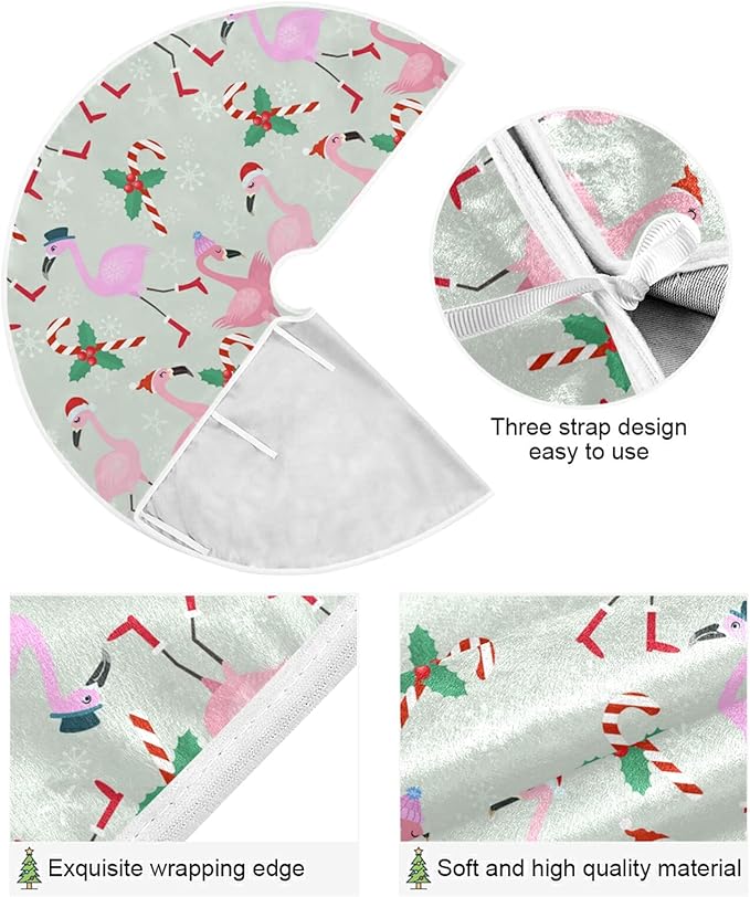 Christmas Flamingo Candy Tree Skirt, Seasonal Tree Mat Holiday Party Supplies Ornaments Indoor Outdoor Decorations for Tabletop Trees 35.4 Inches