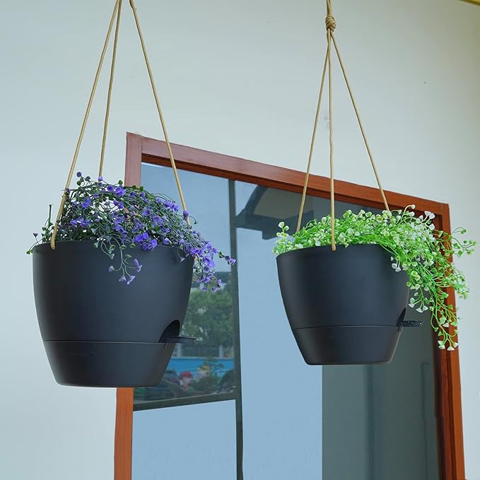 8 inch Hanging Planters, 2 Pack Self Watering Hanging Pots with 20oZ Deep Reservoir for Indoor Outdoor Plants Flowers, Black