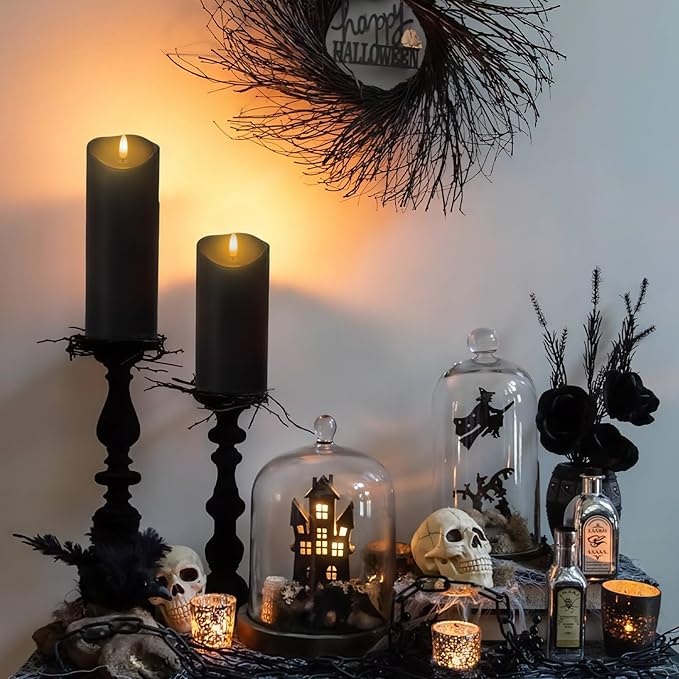 Outdoor Flameless Candles with Remote Timer - Waterproof Realistic Flickering LED Pillar Electric Battery Operated Fake Candle for Home Halloween Christmas Party Decor - 3 Pack Black (D3”H4”6”8”)