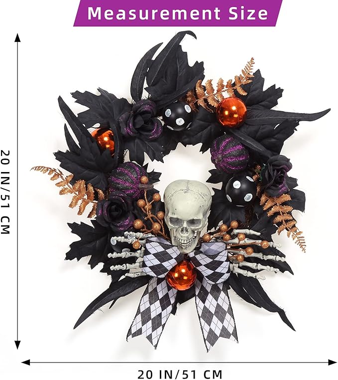 Adeeing Halloween Wreath for Front Door Halloween Skeleton Decorations, 20 Inch Pumpkin Wreath with Skull Black Roses Maple Leaves for Window Indoor Outside Home Party Decor