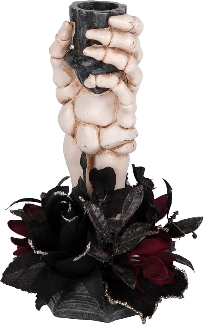 Skeleton Hand Halloween Candle Holder, Resin Candlestick Holder with Black&Burgundy Artificial Flowers Arrangement, Gothic Halloween Decor for Coffee Table/Dining Table Centerpiece, 6" Height