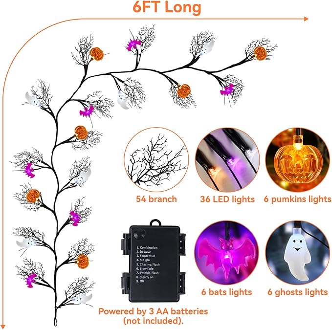 [8 Modes&Timer] 6Ft 45LED Halloween Willow Vine Twig Garland with Orange Lights - Battery Operated, Waterproof Halloween Decor for Indoor Wall, Fireplace Mantle, Home Party (Pumpkins&Bats&Ghosts, 6FT)