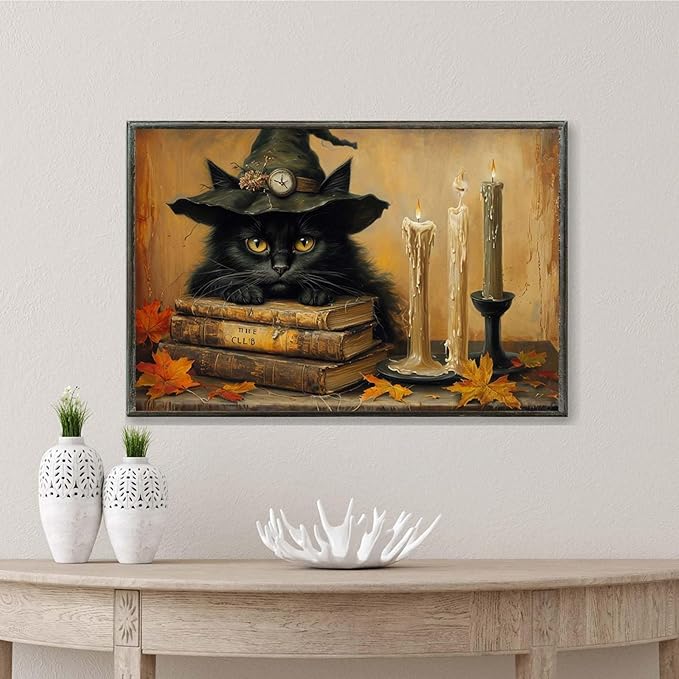 JFHCQJPK Vintage Halloween wall decoration black cat and magic book suitable for home bedroom living room decoration dark classic art witch wall decoration8x12in Metal blackFramed