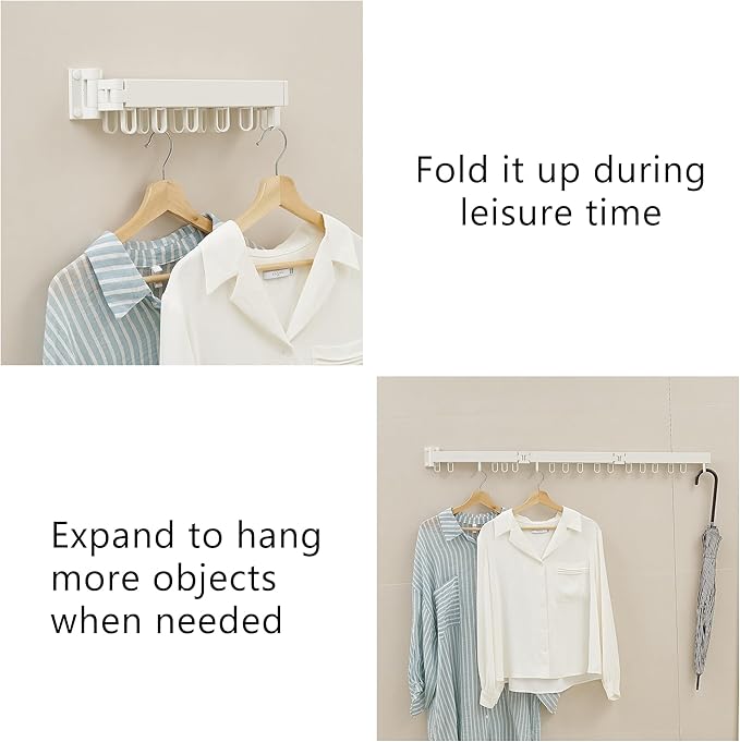 Clothes Drying Rack Wall Mounted, Laundry Drying Rack Collapsible, Space Saving Wall Drying Rack Clothing Foldable, Tri-Fold Retractable Rack Outdoor Indoor with 18 Hooks(White，Loop-Shape Hooks)