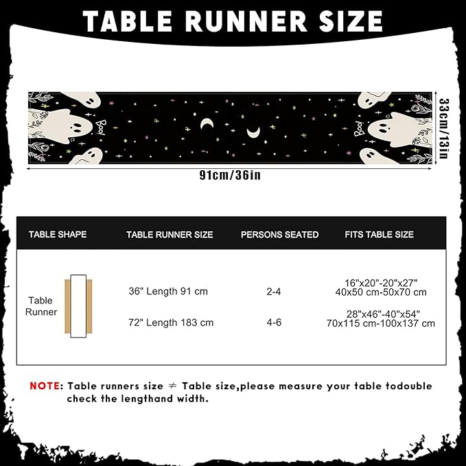 Halloween Black Table Runner Spooky Ghost Floral Boo Table Linen Runner Seasonal Holiday Kitchen Dining Table Decoration Halloween Decorations for Indoor Outdoor Home Party Decor 13x36 Inch