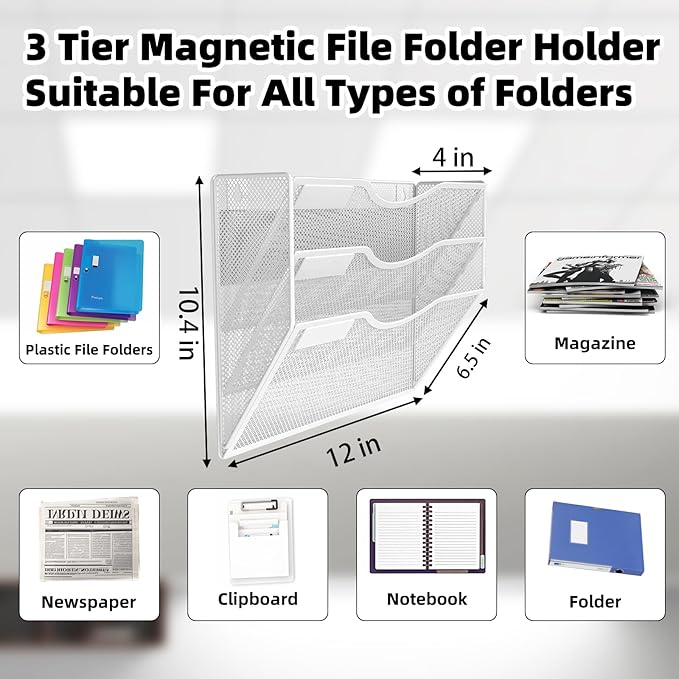3-Tier Magnetic File Holder, No Drilling Installation File Cabinet Organizer, White Magnetic File Organizer, Magazine Rack, Magnetic Paper Holder for Refrigerator, File Cabinets,White