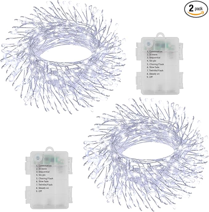 2 Pack Cluster Fairy Lights Battery Operated, Total 20Ft 400 LED Christmas Lights String with Timer 8 Modes Firecracker Fairy Lights Waterproof for Wreath Tree Wedding Gift Decor (Cool White)