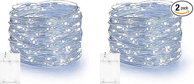 Dazzle Bright Fairy Lights Battery Operated, 2 Pack Total 40FT 120LED Silver Wire Waterproof Battery Operated String Lights, Christmas Decorations for Indoor Outdoor Bedroom Yard Decor, White