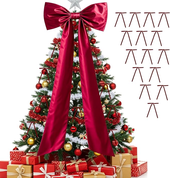 OurWarm Christmas Tree Topper Bow with Long Ribbon, 27.5 x 78.7 Inch Large Red Christmas Bow with 30 Small Red Velvet Bows for Christmas Tree, Christmas Tree Bows for Home Wreath Car Outdoor Decor