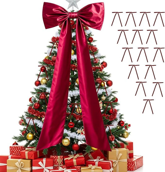OurWarm Christmas Tree Topper Bow with Long Ribbon, 27.5 x 78.7 Inch Large Red Christmas Bow with 30 Small Red Velvet Bows for Christmas Tree, Christmas Tree Bows for Home Wreath Car Outdoor Decor