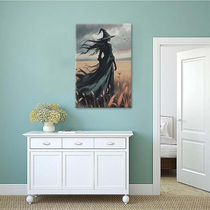 Gothic Decor Canvas Wall Art Witch in Rice Field Halloween Art Decor Print Nature Print Victorian Home Bedroom16x24in Wood Framed
