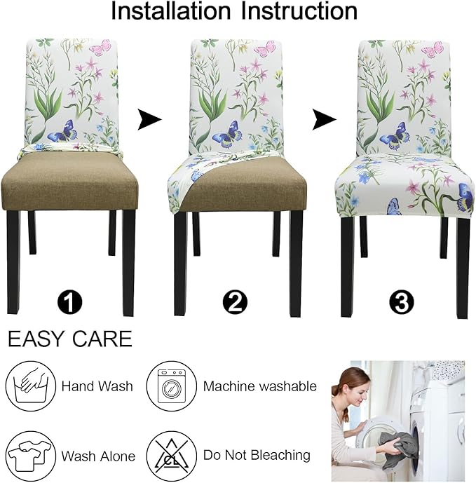 JQinHome Pattern Chair Covers for Dining Room Set of 4, High Stretch Removable Washable Parsons Chair Slipcover for Home Party Hotel Wedding Ceremony (Flowering Butterflies,4PCS)