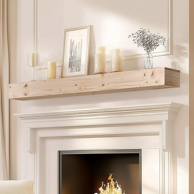 72x8x5 Fireplace Mantel - Handcrafted Hollow Rustic Solid Wood Wall Mounted Floating Shelf with Invisible Heavy Duty Wood Bracket (DIY Color)