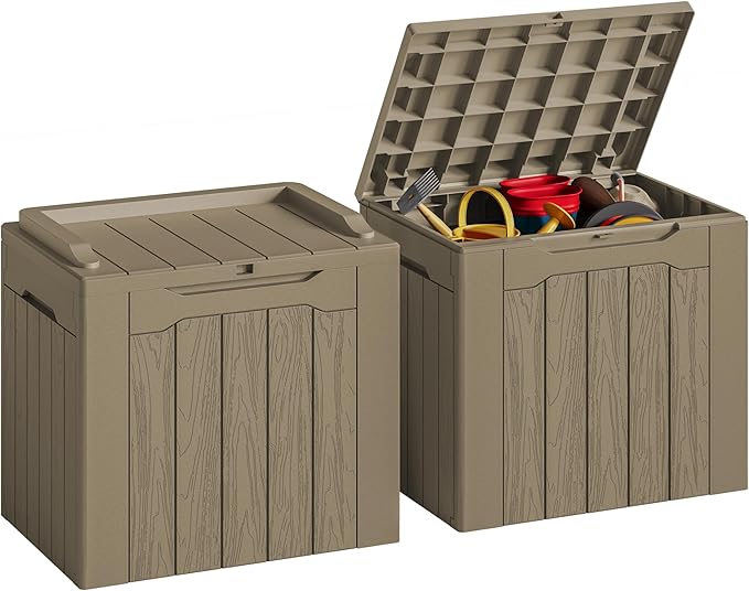 JUMMICO 31 Gallon Resin Deck Box Waterproof Indoor Outdoor Storage Boxes for Patio Furniture Cushions and Garden Tools (Light Brown, 31gallon-2 Packs)