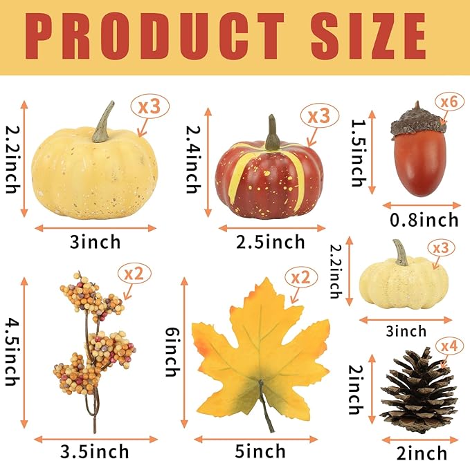 23Pcs Fake Pumpkins Fall Thanksgiving Decorations,Plastic Pumpkins with Acorns,Maple Leaves,Pine cones,Berries, Artificial Mini Pumpkin Decorating Harvest Home Decor Centerpiece Table Decorations