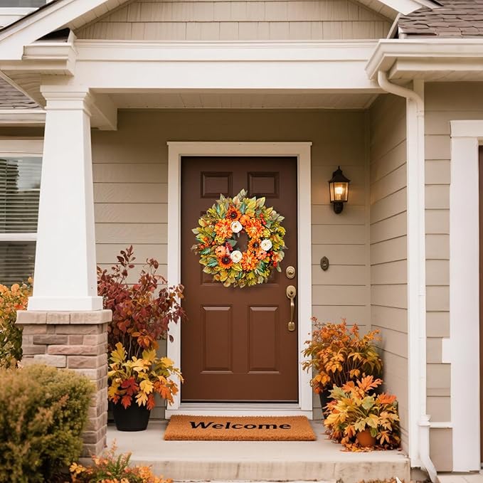 Fall Wreath for Front Door, 24 Inch Autumn Wreath with Pumpkins, Peony, Sunflowers & Dahlias, Fall Decorations for Home, Artificial Flowers Harvest and Thanksgiving Indoor & Outdoor