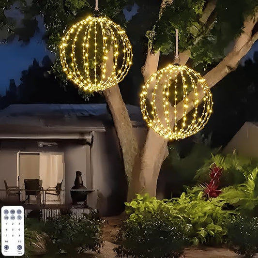 Outdoor Hanging Lighted Sphere, Christmas Decoration Light Balls, 2 in 1 Warm White and Multicolor Chandelier, 208 LED 16" Large Iron Frame Foldable Globe for Patio Tree Gazebo Decor-2Pack