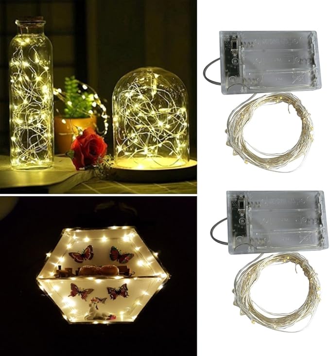 2 x 50LEDs Fairy Lights Battery Operated, Silver Wire 2 Mode Chains String Lights for Bedroom Christmas Party Decoration (Warm White, 16.4)