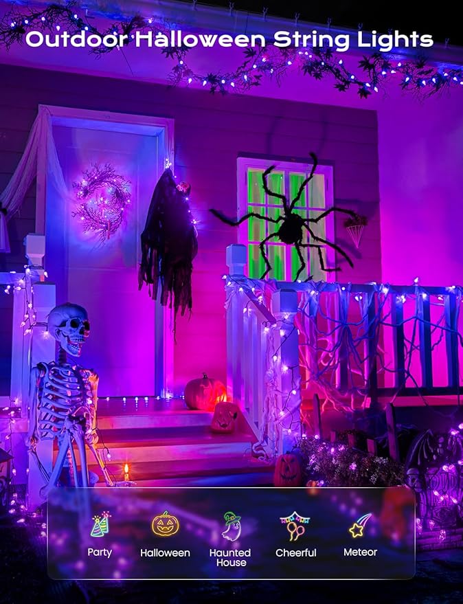Brightown Solar Operated C6 Halloween Outdoor Lights, 22.64ft 50 LEDs Purple Halloween Lights, Strawberry LED Fairy Lights, Solar Waterproof String Light for Tree, Garden Decor Outdoor Decorations