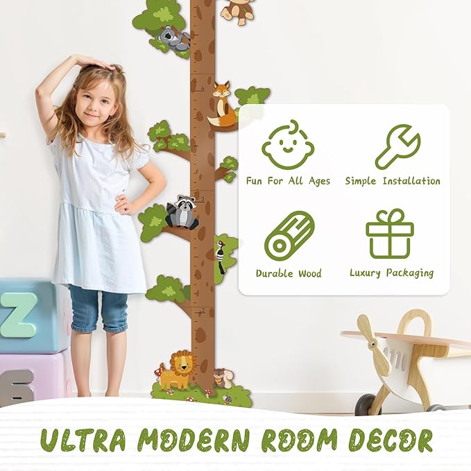 Wooden Surfboard Wall Decor Growth Chart,Tree Art Decor for Kids Room, Wood Tree Kids Sizing Chart, Height Board Cute Decor, Nursery Growth Chart Ruler Measuring Board for Boys Girls