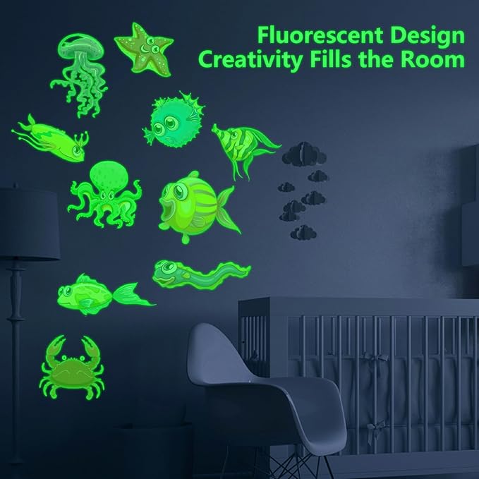 Glow in The Dark Ocean Fish Stickers, 36 PCS Glowing Luminous Sea Life Animals Wall Decals Under The Sea Ceiling Stickers for Kids Boys Girls Bedroom Nursery Playroom Party Room Decor