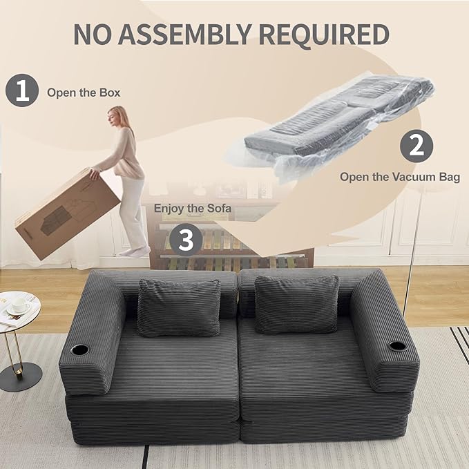 78" W Loveseat Sofa, 4 in 1 Convertible Floor Sofa Bed, Boneless Cloud Couch with Cup Holder, Fold Out Floor Couch, Loveseat Recliner Sleeper for Living Room Bedroom Lounge(Corduroy, White)